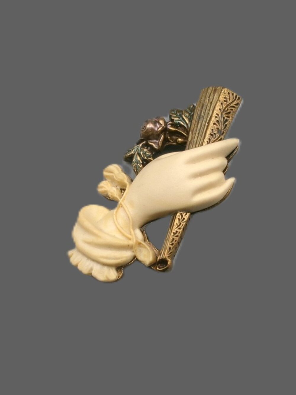 Sweet Romance Lucite Figural Hand Holding Fan & Rose Brooch, Victorian Revival